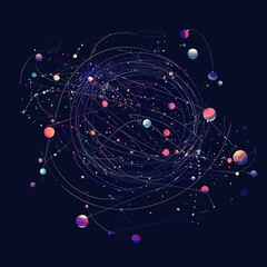 Poster - Abstract cosmic network with colorful planets, orbital paths, and constellation star connections on dark space background for science and technology concept design