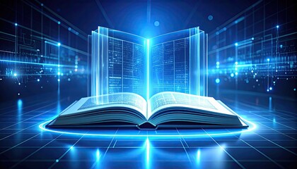 Poster - open book with holographic pages illuminated by blue light, symbolizing digital knowledge and futuri