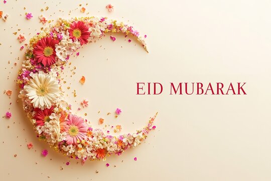 Eid Mubarak crafting over pale beige setting depicting crescent moon filled with blooms depicting devotion and lovely card art hue, Generative AI.
