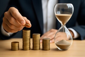 Poster - Time Management and Investment Growth Concept with Coins and Hourglass