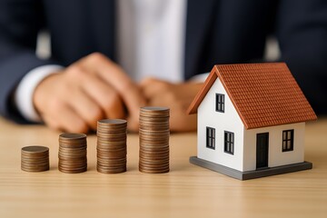 Poster - Model house and stacks of coins representing real estate investment