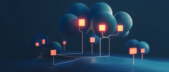 Poster - A captivating digital landscape featuring abstract trees and luminous elements, conveying a futuristic vision of connectivity and innovation in technology.