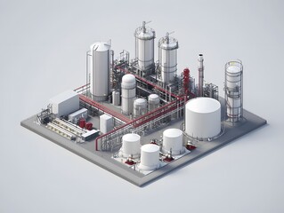 Poster - A detailed isometric view of an industrial plant showcasing storage tanks, pipelines, and various processing units, illustrating modern engineering and manufacturing processes.