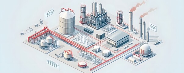 Poster - A detailed infographic depicting an industrial facility with various structures, pipelines, and machinery, illustrating the complexity and scale of modern industrial processes.