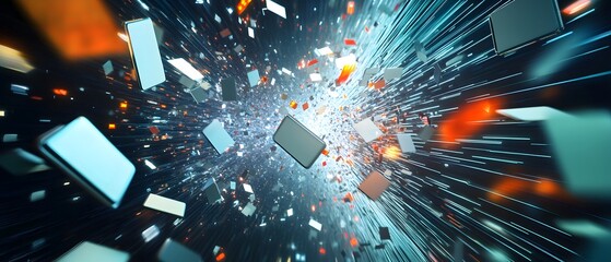 Poster - A dynamic abstract representation of digital fragmentation, showcasing vibrant colors and shapes exploding in a cosmic space, symbolizing technological advancements and innovation.