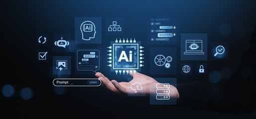 Poster - human hand presenting futuristic ai technology interface with digital icons on a dark blue tech-them