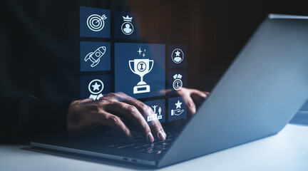 Poster - hands typing on laptop with glowing digital achievement icons representing success, reward, and goal