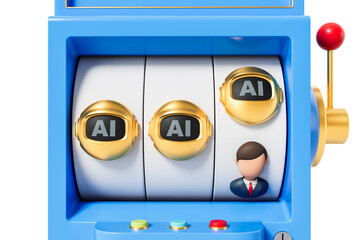 Aufkleber - Slot machine with AI-themed icons and human character symbolizing artificial intelligence and people interaction concept in a casino setting. 3D Rendering