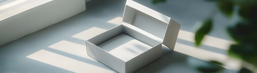 Poster - A minimalistic open white box on a blue surface, illuminated by soft natural light, creating a calm and inviting atmosphere, perfect for design projects and creative presentations.