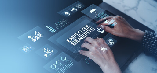 Poster - Employee benefits concept with futuristic digital icons and hands typing on keyboard on office desk with blue overlay background.