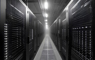 Poster - A modern data center corridor showcasing rows of sleek server cabinets