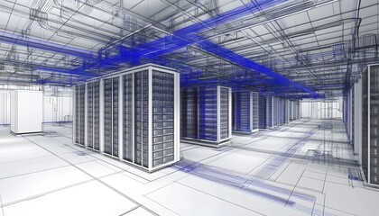 Poster - A modern data center featuring rows of servers connected by intricate wiring, symbolizing the backbone of digital infrastructure. Ideal for showcasing technology and innovation.