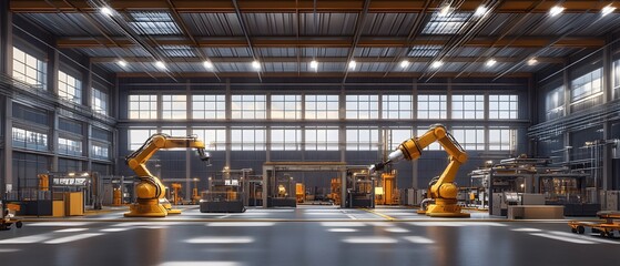 Poster - a modern industrial workspace featuring advanced robotic arms in a spacious warehouse. the environme