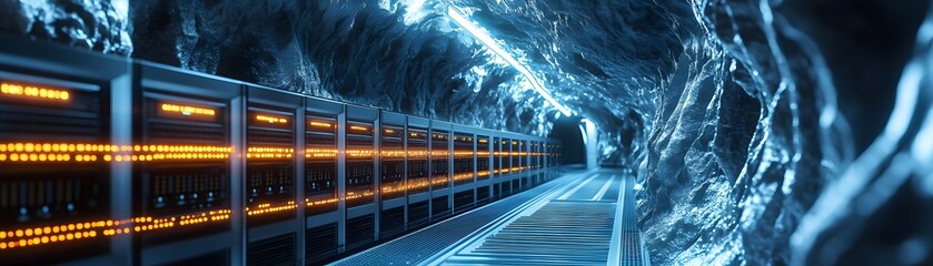 Poster - A modern mining facility featuring illuminated tunnels and advanced machinery, showcasing the intersection of technology and extraction processes in the mining industry.
