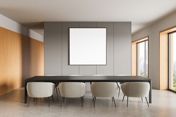 Poster - modern interior of minimalist conference room with large blank frame, soft beige chairs, wood accent
