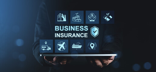 Poster - Business insurance digital interface on tablet held by person with industry, finance, logistics, and risk management icons on dark blue background.