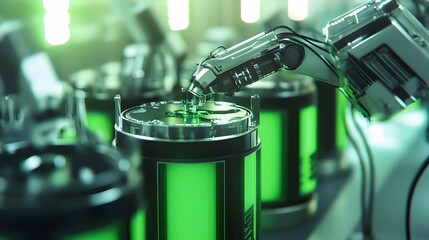Poster - A robotic arm meticulously assembles advanced green batteries in a futuristic setting, showcasing the intersection of automation and renewable energy in modern industry.