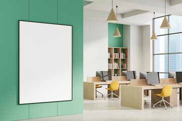 Poster - blank poster mockup in modern open office interior with green accent wall and bright workspace desig