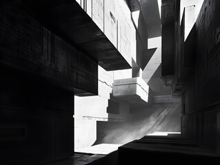 Poster - A striking black and white image showcasing a maze of geometric structures. Light and shadows play across the surfaces, creating a dramatic atmosphere that invites contemplation.
