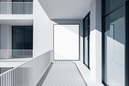 Blank vertical poster mockup on white modern balcony wall with shadows and railing in clean architectural setting during daylight. 3D Rendering