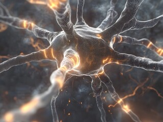 Poster - A stunning close-up view of a neuron, showcasing the intricate connections and electric impulses that facilitate communication within the human brain, highlighting the complexity o