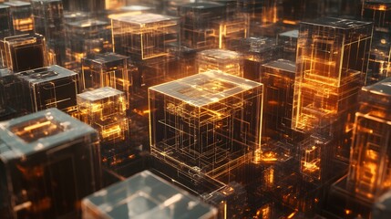 Aufkleber - abstract 3d rendering of glowing transparent cubes arranged in a chaotic pattern, showcasing a futur