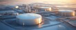 © Ytnart - An aerial view of a modern industrial complex featuring large storage tanks and processing facilities at sunrise, showcasing the advancements in technology and energy production.