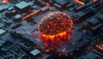 Poster - An abstract representation of technology with a glowing brain on a circuit board, symbolizing innovation, artificial intelligence, and the future of digital evolution.