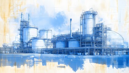 Poster - An industrial complex featuring large storage tanks and pipes, depicted in a blue-toned artistic style