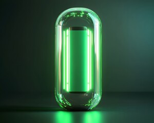 Poster - This futuristic glass capsule emits a vibrant green glow, symbolizing innovation and energy. Perfect for technology concepts, science fiction themes, or modern design visuals.