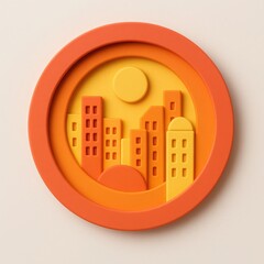 Poster - Circular Cityscape Illustration Minimalist Orange and Yellow Geometric Buildings at Sunset