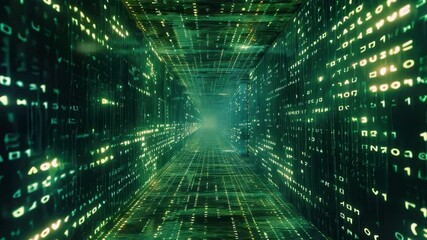 Fototapete - Experience an immersive journey through a digital tunnel filled with glowing binary code and vibrant light effects in stunning 4k resolution