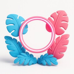 Poster - Pink and Blue Tropical Leaves Frame 3D Render
