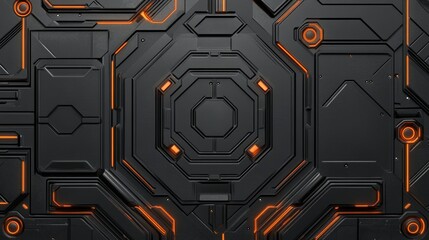 Aufkleber - Detailed close up of a futuristic black metallic panel with orange glowing lines