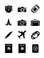 Fototapete - Travel Icon Stickers Featuring a Camera, a Plane, and a Passport in a Diagonal Arrangement for the Sky Zone Travel Theme