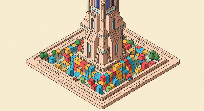 The concept of a tower with a courtyard of multi-colored cubes in isometric style for printing and decoration. Vector illustration.