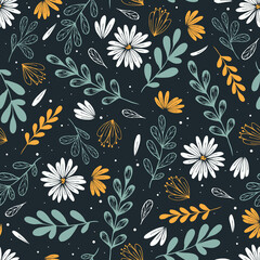 Wall Mural - Scandinavian seamless doodle pattern with vintage leaves sketch.  For wrapping paper. Ideal for wallpaper, surface textures, textiles.