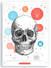 Poster - Digital Healthcare Poster Featuring a Skull With Icons Representing Medicine, Security, and Innovation in a Modern Design