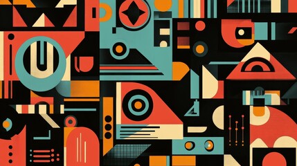 Aufkleber - Geometric composition in a retro style, vibrant colors and playful shapes to create a sense of fun