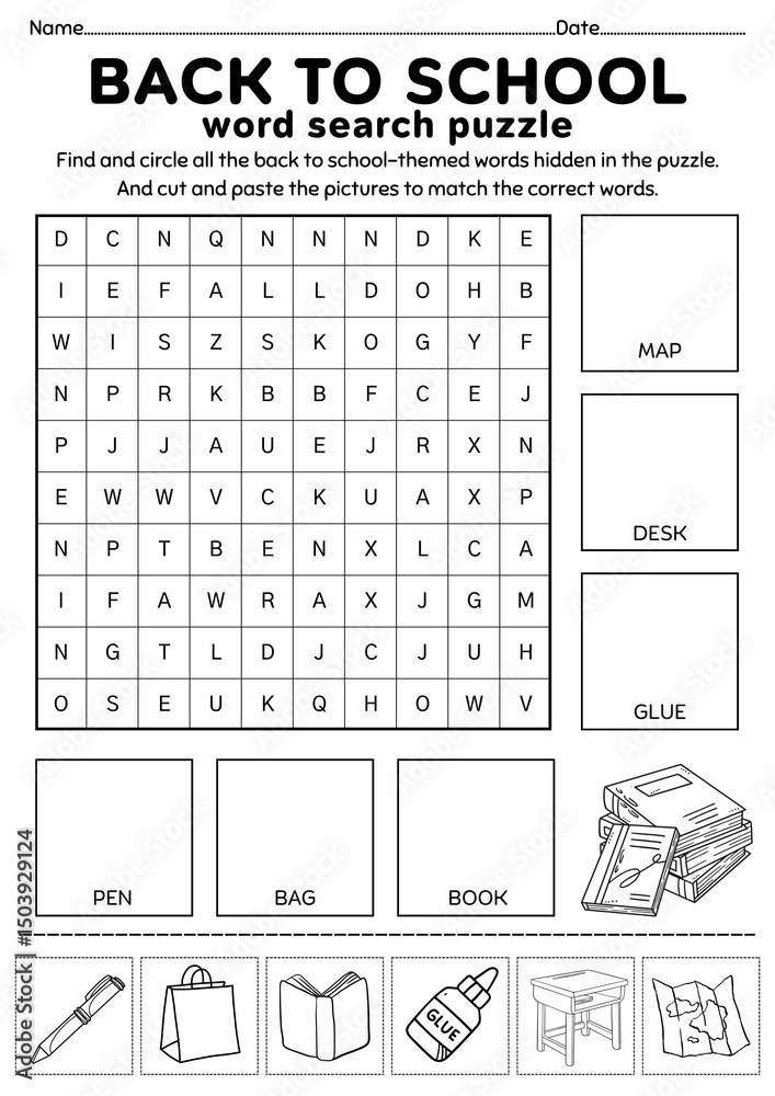 Back to School Word Search Puzzle for Kids, Cut and Paste Activity ...