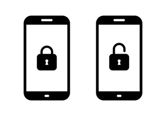 Fototapete - Lock and unlock padlock on phone screen icon. Security smartphone sign symbol