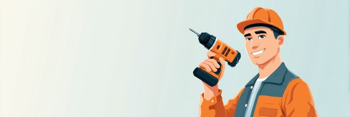 Poster - Worker With Drill Ready for Construction Task in Light Workplace Environment