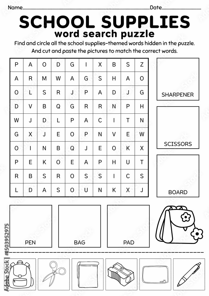 School Supplies Word Search Puzzle for Kids, Back to School Activity ...