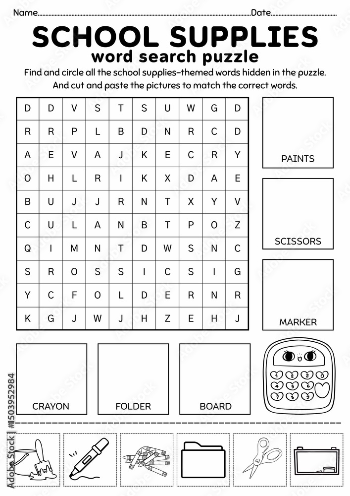 School Supplies Word Search Puzzle for Kids, Back to School Activity ...