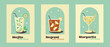 © Anna - Set of postes with cocktails on green background with grunge texture.  Mojito, Negroni, Margarita. Banner for restaurant, cafe, bar, club, decorations. Poster in retro style. Flat vector illustration.