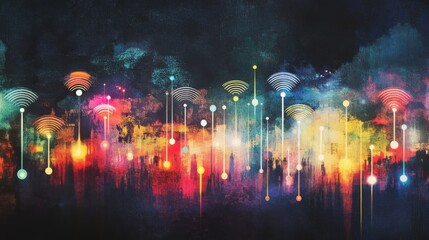 Poster - an artistic representation of the concept of wireless communication, featuring interconnected nodes 