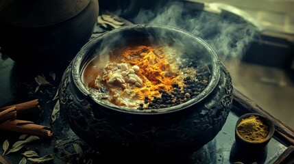 Poster - An artistic shot of a pot of fragrant curry simmering on the stove, with colorful spices and herbs arranged around it, creating a rich culinary experience.