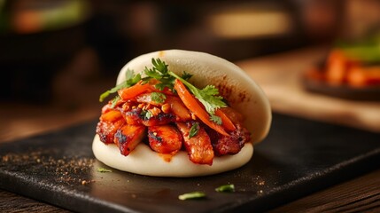 Poster - A beautifully presented pork belly bao bun, topped with pickled vegetables and cilantro, set on a wooden table with soft natural lighting.
