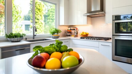 Poster - A bright and modern kitchen featuring sleek countertops, stainless steel appliances, and a bowl of fresh fruits on the table, creating an inviting cooking space.