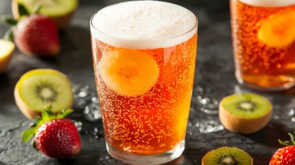 Poster - A chilled glass of soda with a perfect head of foam, surrounded by fresh fruit slices, creating a refreshing summer drink vibe.